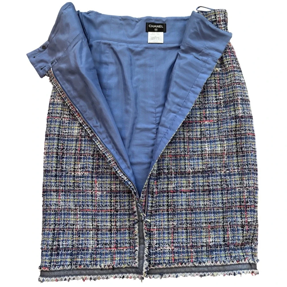 Chanel 09P Blue Multi Tweed Pencil Skirt Silk Lined FR 44 or US 12 - Picture 6 of 11